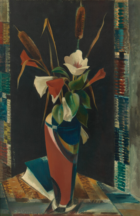 A tall colorful vase holds white and red flowers and cattails against a dark patterned background.