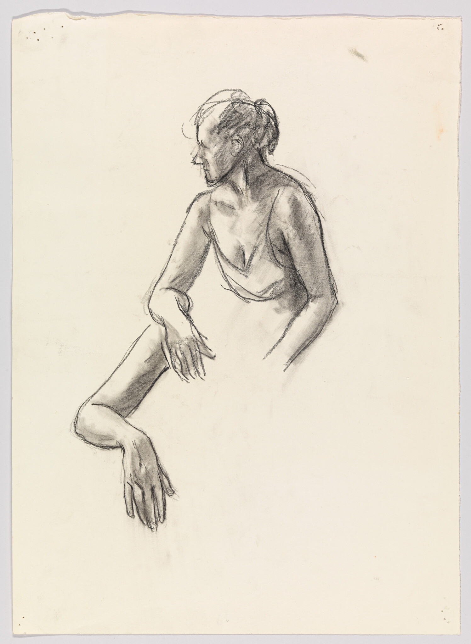 A charcoal sketch shows a seated woman turned left with one arm resting and hand dangling.