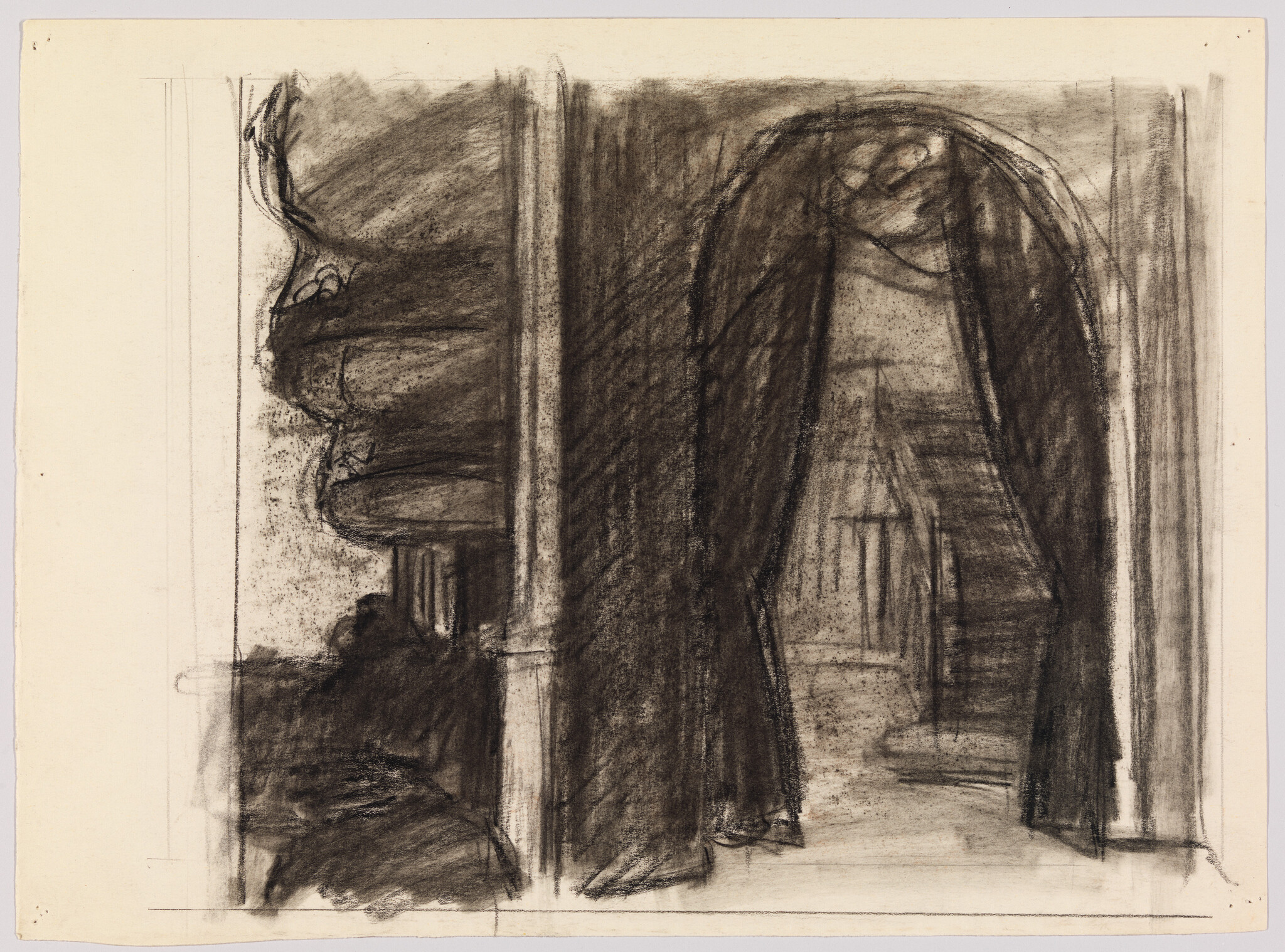 A charcoal sketch on paper depicting a dramatic interior scene with heavy curtains or drapery on the left and an arched entrance leading to a corridor or room with visible architectural details like columns or pilasters. The drawing is expressive with strong contrasts between light and dark areas, suggesting depth and texture.