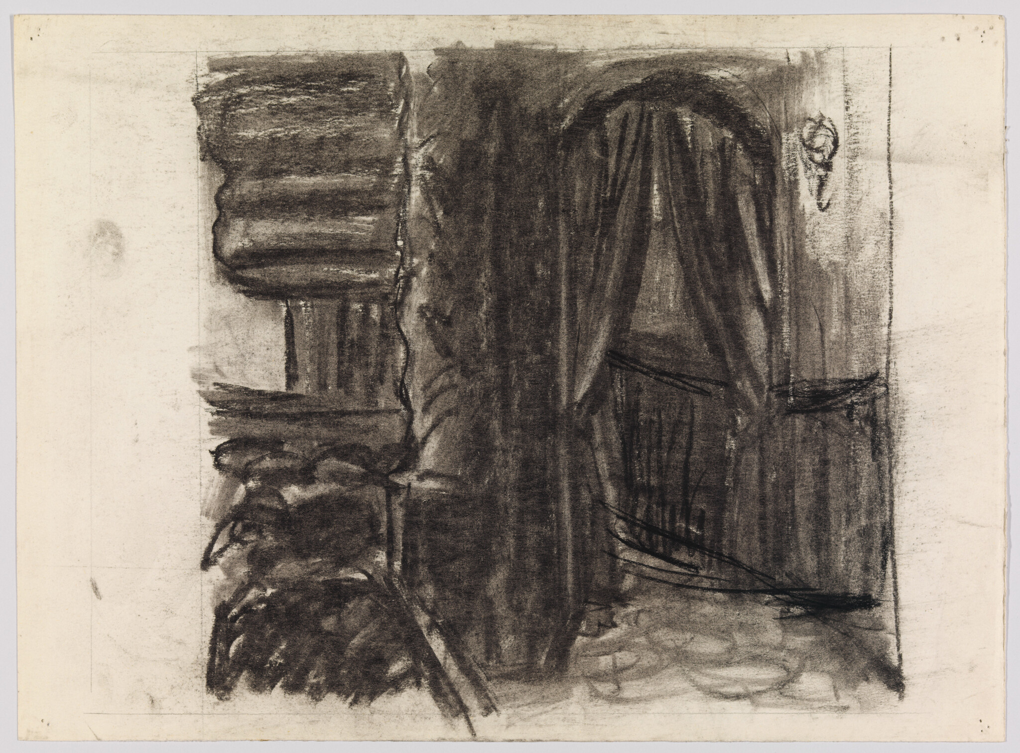 A charcoal sketch on paper depicting an interior scene with a heavy emphasis on shadow and light. On the left, there appears to be a staircase or a series of ledges, while the right side features what might be a draped window or an archway, with a discernible floral ornament and a tie-back curtain. The drawing is rough and expressive, with strong vertical and horizontal lines suggesting architectural elements and a sense of depth. The overall tone is dark and moody.