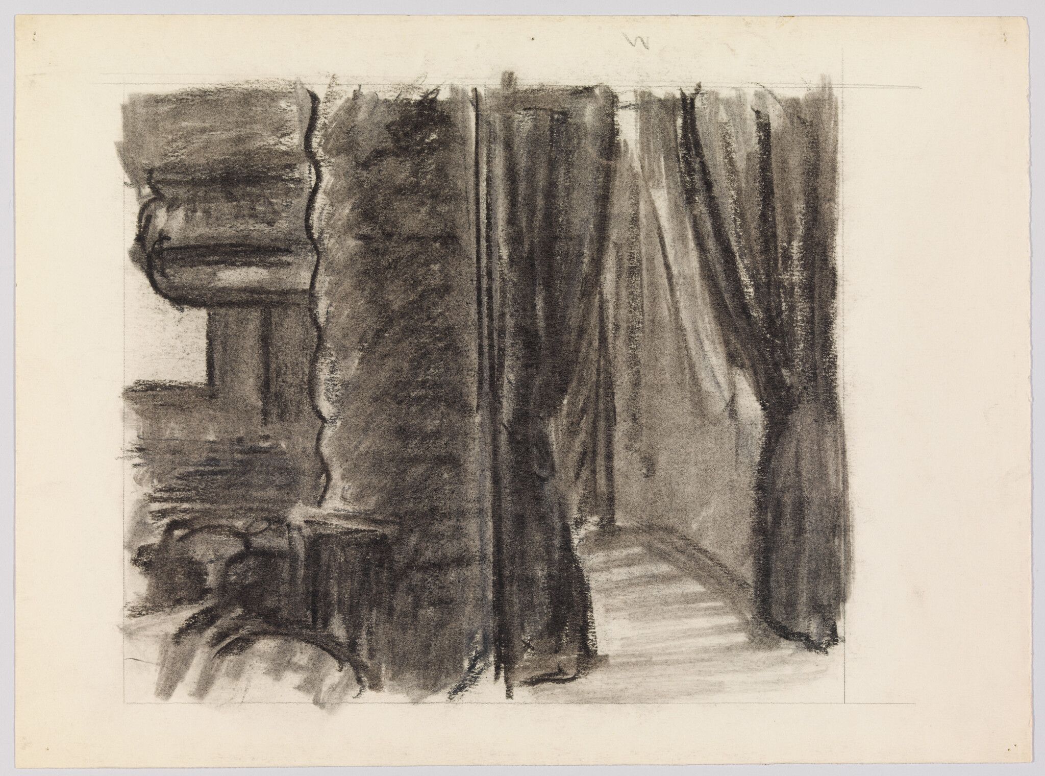 A charcoal sketch on paper depicting a heavy curtain partially drawn back to reveal a passage or room beyond. The drawing is rendered with soft shading and strong contrasts, capturing the folds and weight of the fabric. The top right corner of the paper is marked with a 'W'.