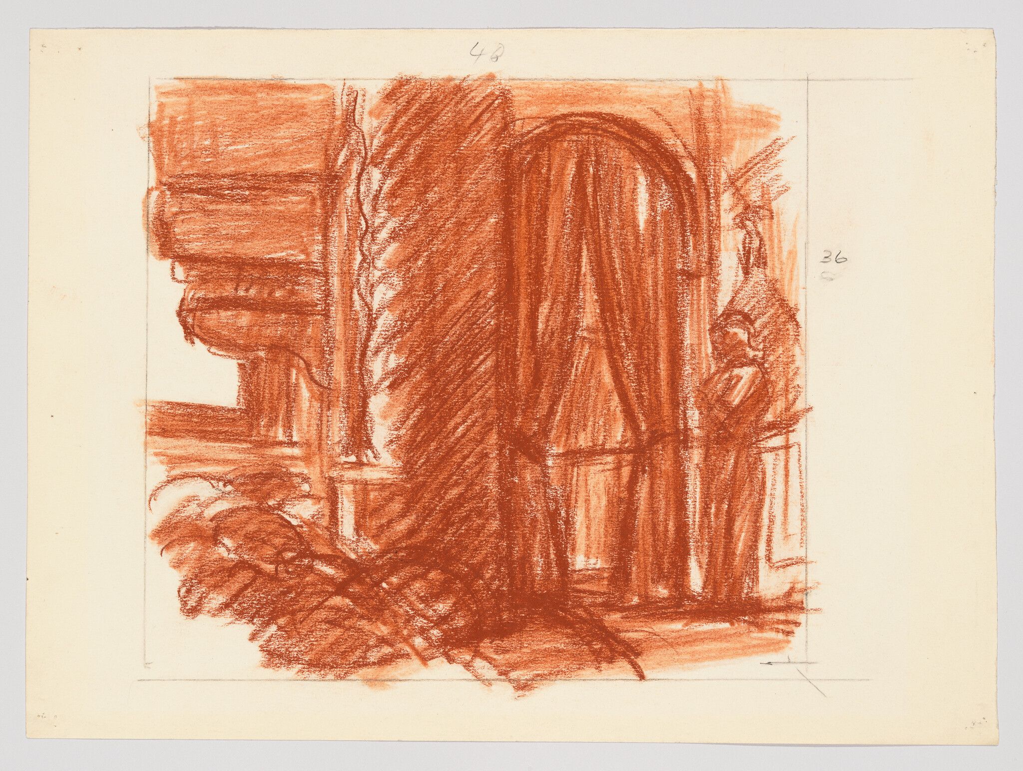 A sketch on paper with warm reddish-brown tones, depicting an architectural interior scene with a prominent arched doorway or window. The drawing is characterized by loose, expressive lines and shading, conveying a sense of depth and structure. There are numbers '48' and '26' written in the margins, possibly indicating the piece's position in a series or a reference for the artist.
