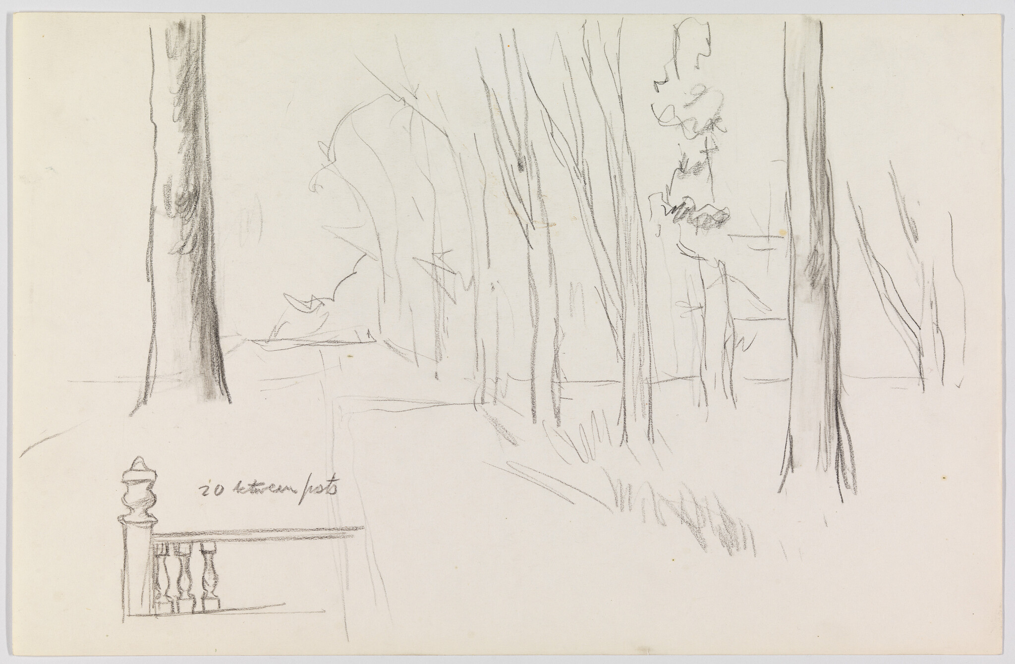 Tall tree trunks sketched across a simple landscape with a small porch railing drawing at lower left.