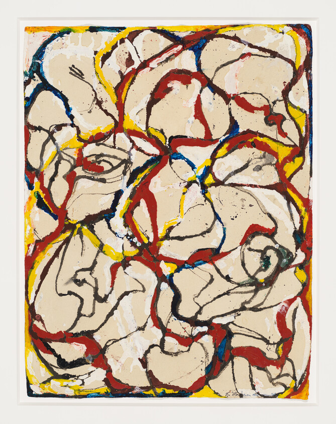 Abstract painting with overlapping faces outlined in black, red, yellow, and blue lines on a beige background.