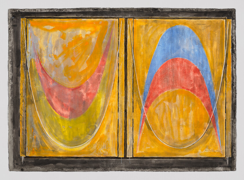 Two side-by-side panels with overlapping curved shapes in yellow, red, blue, and green on a yellow background.