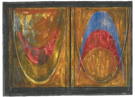 Two-panel abstract painting with curved red and blue arches against a warm yellow background. — view 117493