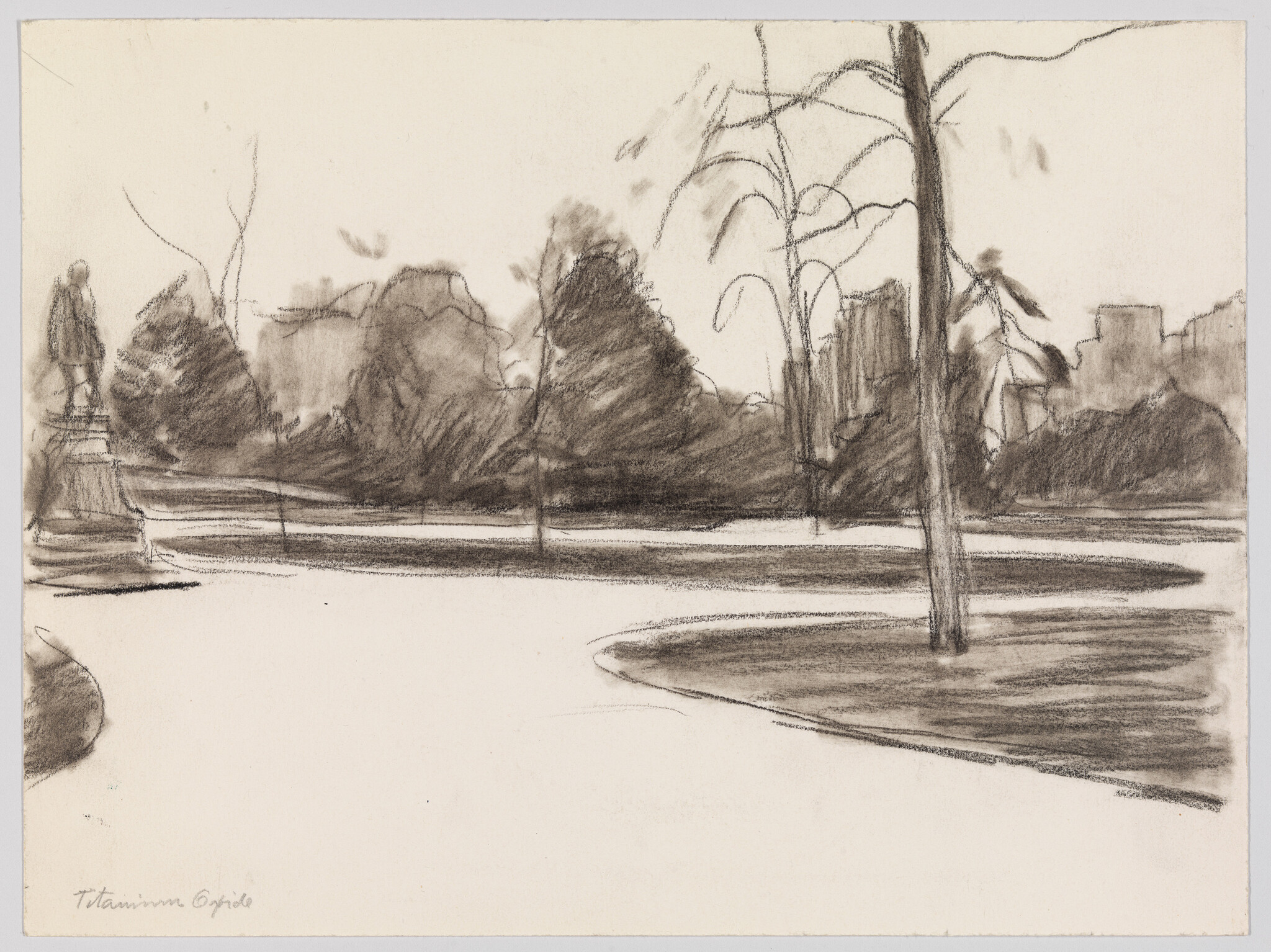 Pencil sketch of a tranquil park scene with bare trees, a statue on the left, and indistinct city buildings in the background. Shadows suggest a low sun, and the artist's signature is visible in the bottom left corner.
