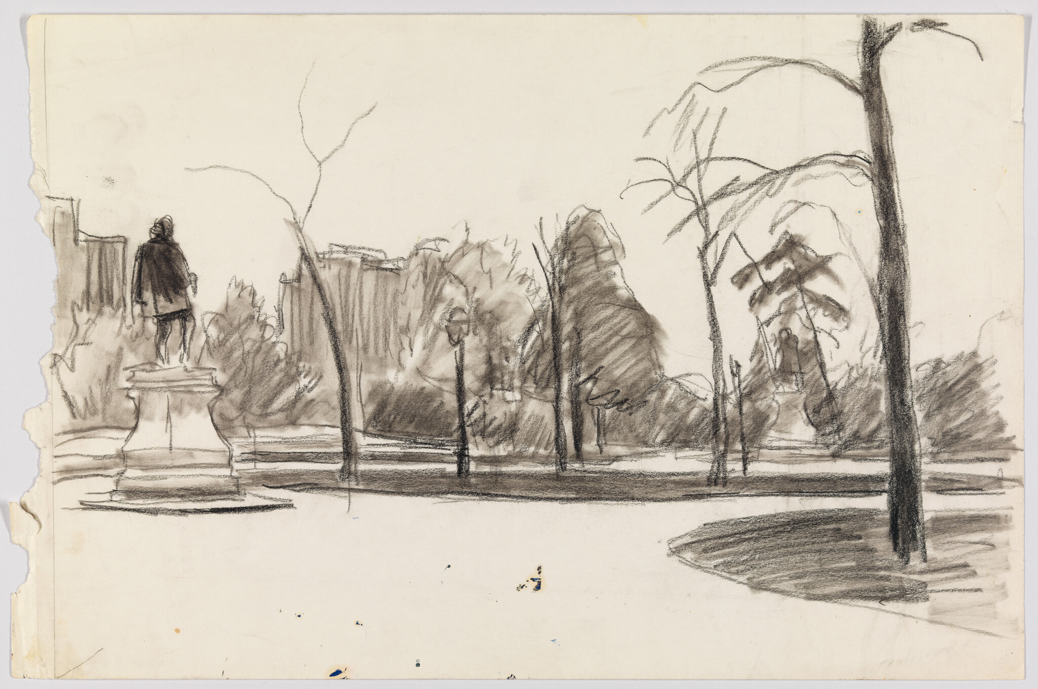 Sketch of a park scene with a statue on a pedestal, surrounded by trees and foliage. The drawing is done in a loose, gestural style with visible pencil strokes, and the paper shows signs of wear with a torn left edge. Shadows suggest a light source coming from the left, casting the statue and trees into relief.