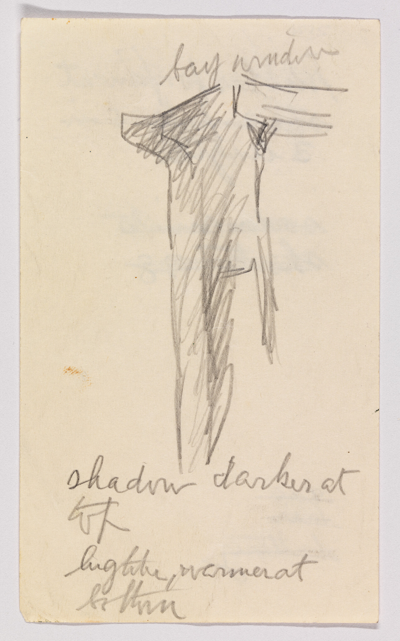 Rough pencil study of a standing torso with handwritten note about darker shadows.