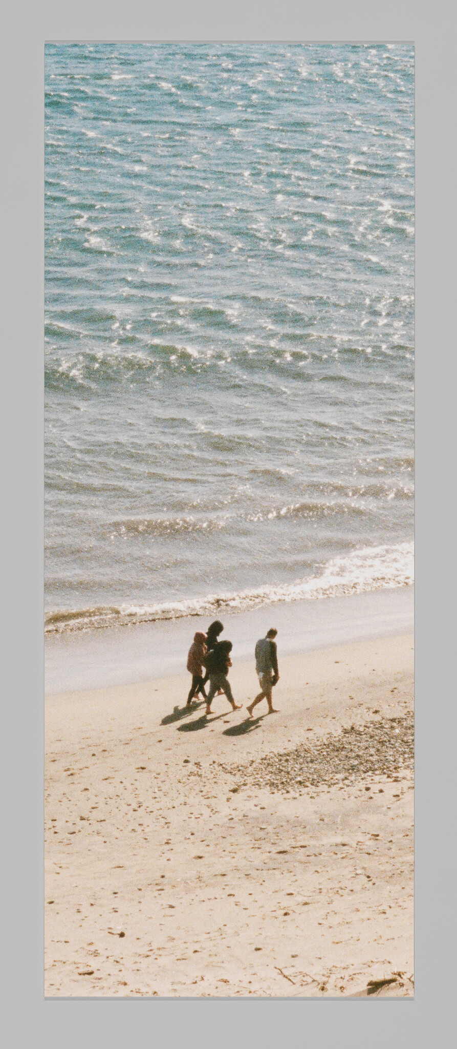 Four people walk together along a sunlit sandy beach near gentle waves.