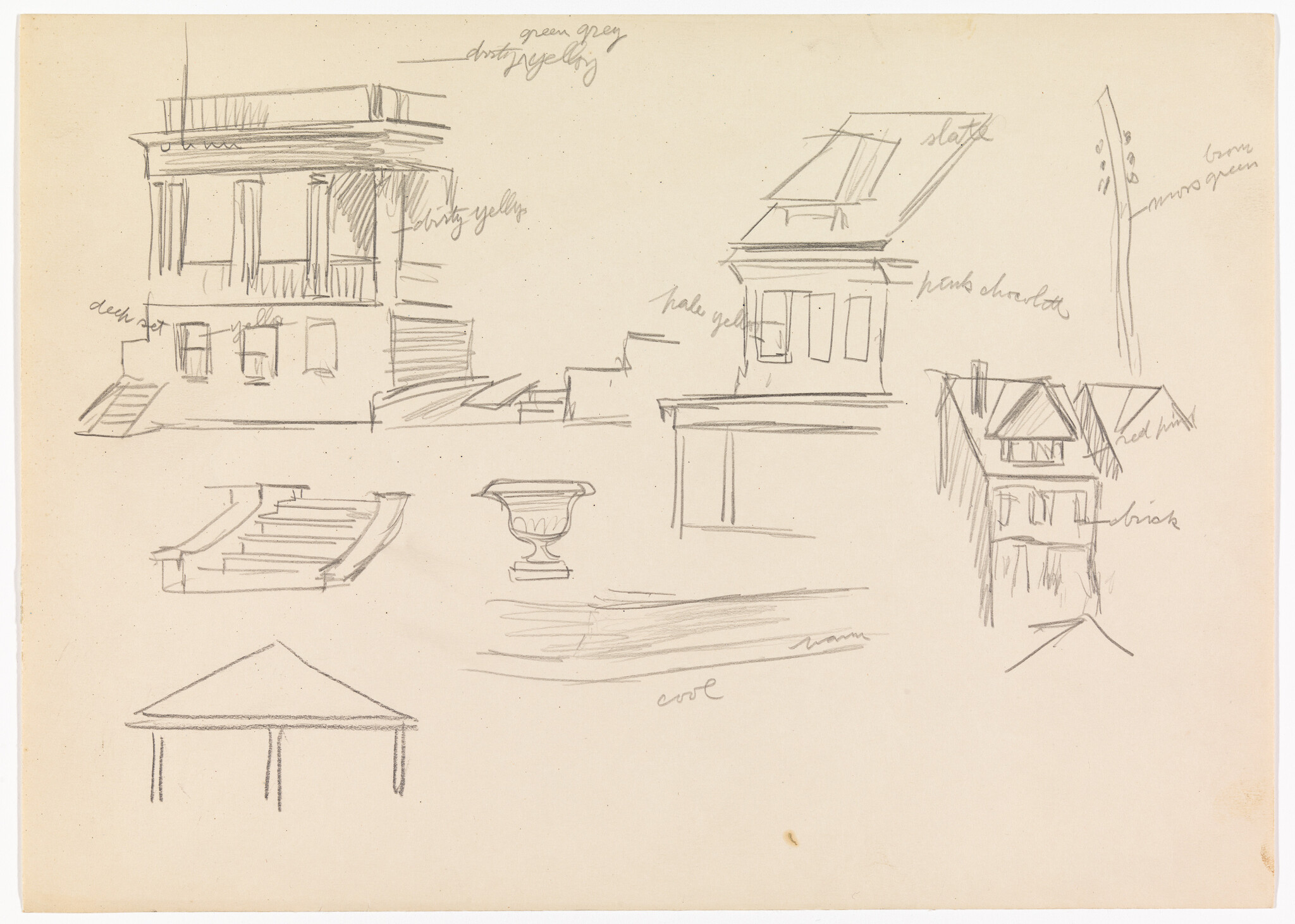 Several quick pencil architectural sketches showing building facades, roofs, stairs, and a decorative urn.
