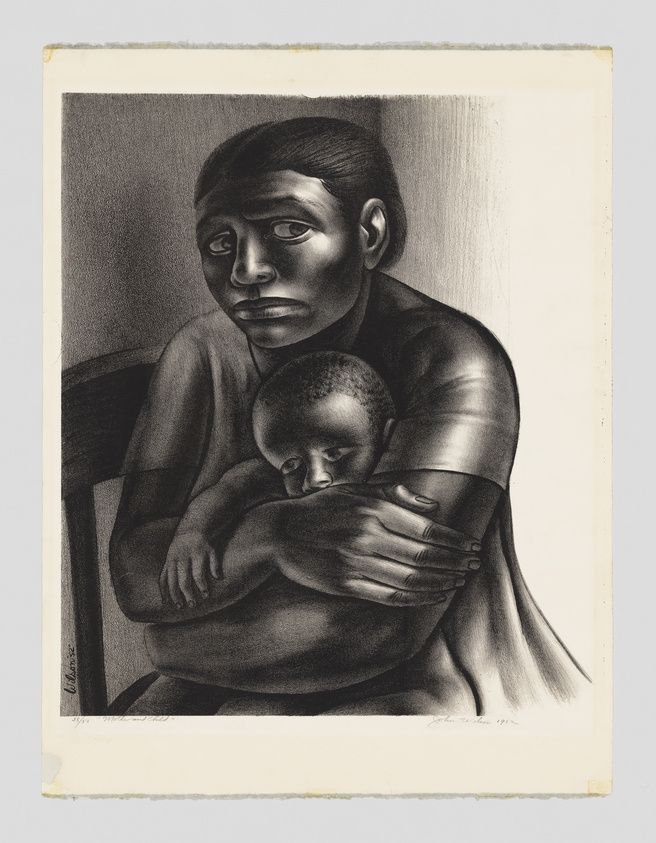 A black and white lithograph depicting a woman with a somber expression embracing a sleeping child. The artwork is detailed, with strong contrasts and textures that highlight the figures' facial features and the folds of their clothing. The paper shows signs of aging around the edges.