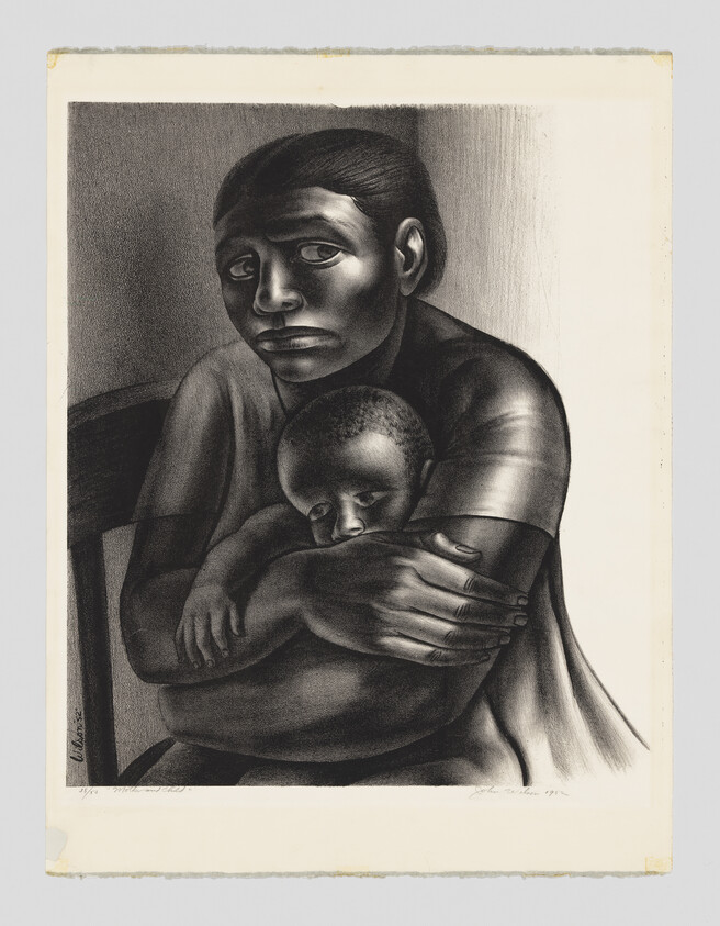 A worried mother tightly holds a sleeping child against her chest.