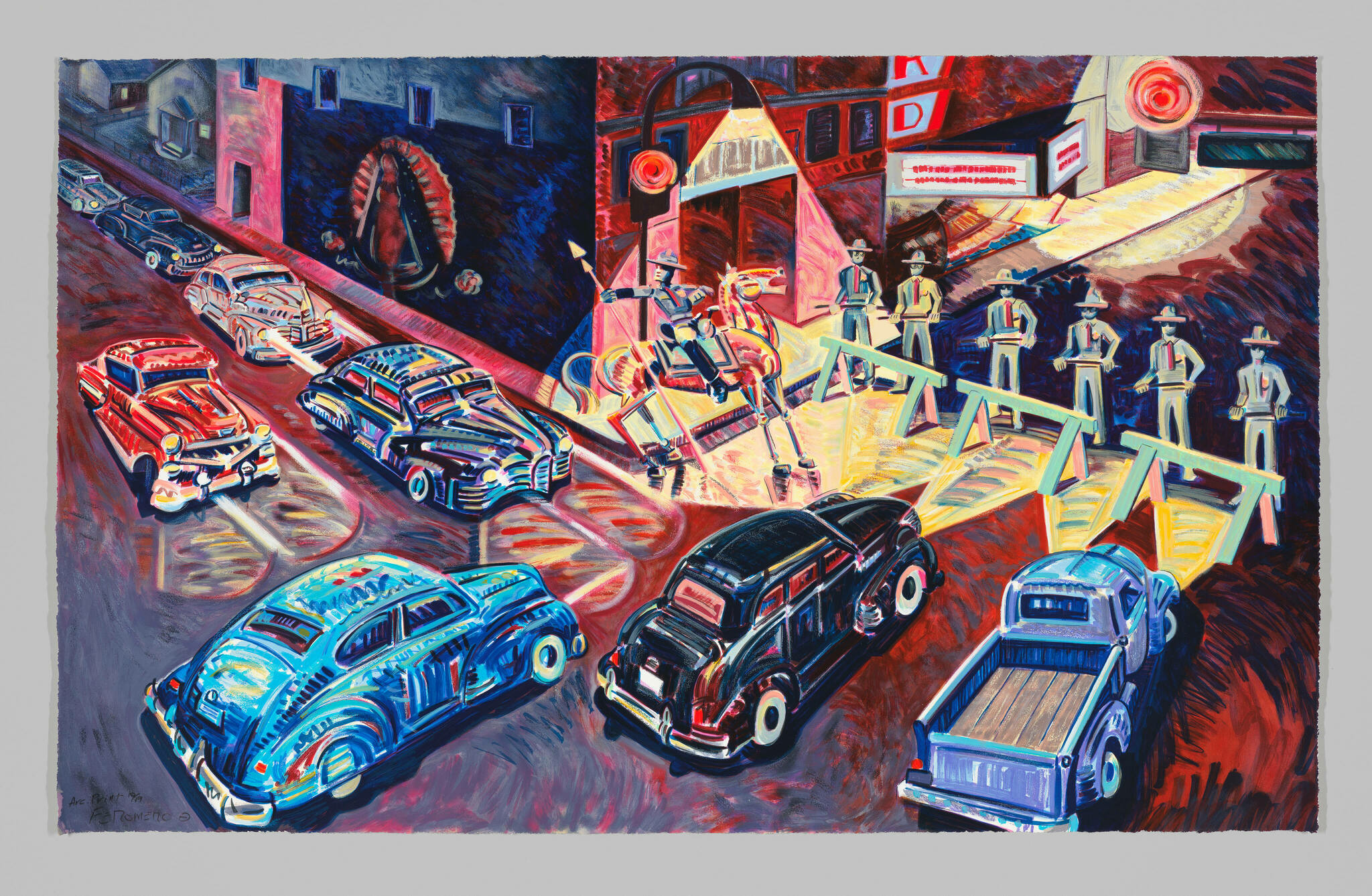 A vibrant, expressionistic painting depicting a chaotic street scene with various vintage cars in bright colors. The background features abstract buildings, a ferris wheel, and humanoid figures, including a group of men in suits behind a barricade. The scene is infused with a sense of motion and energy, highlighted by swirling patterns and vivid contrasts.