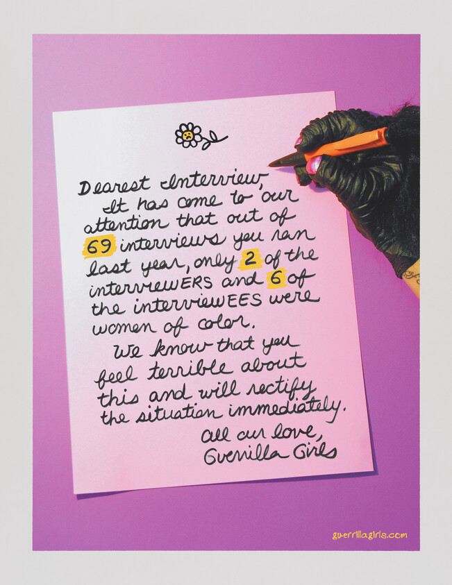 Aganist a pink background, a letter adressed to an interview is being written by a gorilla hand that has pink nailpolish and holding a pen with a fuzzy end