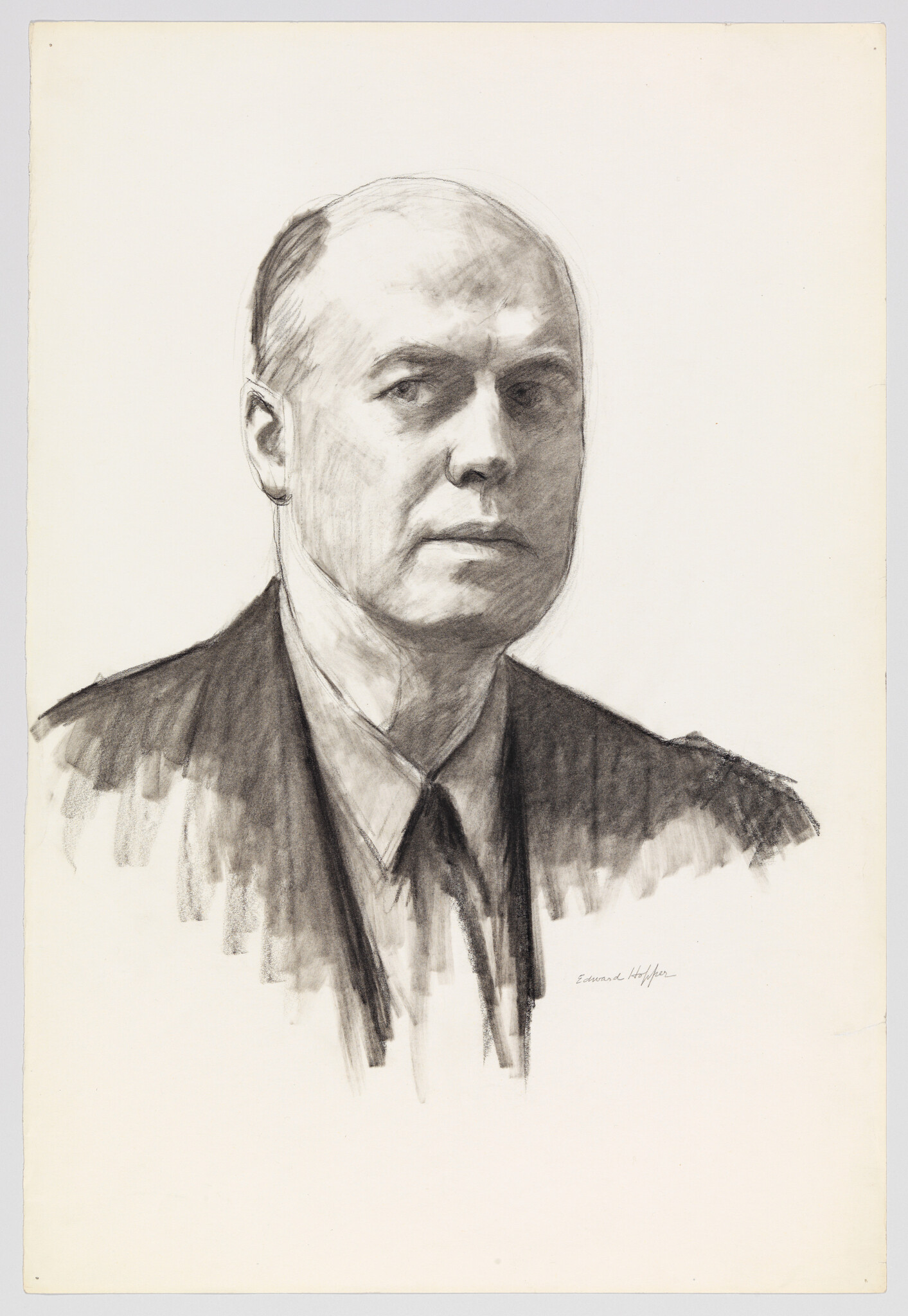 Charcoal portrait of a serious middle-aged bald man wearing a suit and tie.