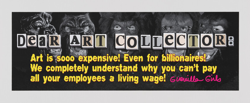 A letter addressed to the "art collector" aganist a photograph of women wearing gorilla masks