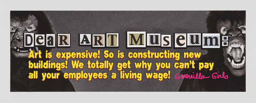 Banner reads Dear art museum: Art is expensive! So is constructing new buildings, with two gorilla faces.