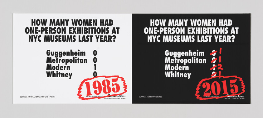 A graphic poster split into two halves, comparing the number of one-person exhibitions by women at NYC museums in 1985 and 2015. The left side is white with black text, listing the Guggenheim, Metropolitan, Modern, and Whitney museums with zeros next to each, except for Modern which has a one. The year 1985 is circled in red at the bottom. The right side is black with white text, showing the same museum names with red handwritten numbers next to them, indicating an increase in exhibitions by women. The year 2015 is circled in red at the bottom. Both sides have the text "How many women had one-person exhibitions at NYC museums last year?" and a red stamp at the bottom reading "A public service message from Guerrilla Girls conscience of the art world." The left cites "Art in America Annual 1985-86" as the source, while the right cites "Museum websites."