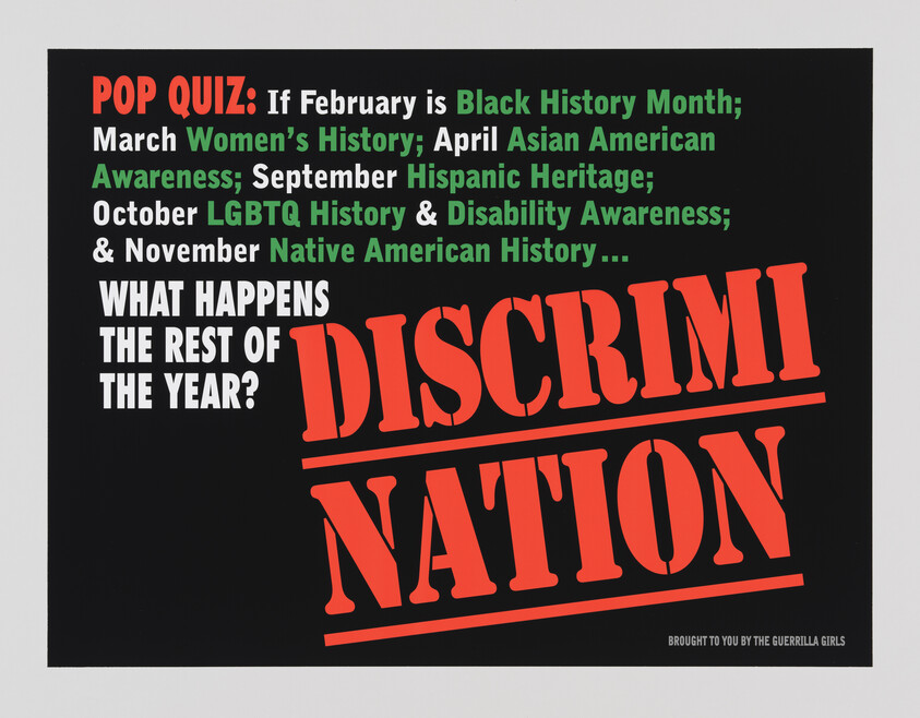 Poster listing heritage awareness months and asking "What happens the rest of the year?" with large "DISCRIMINATION" text.