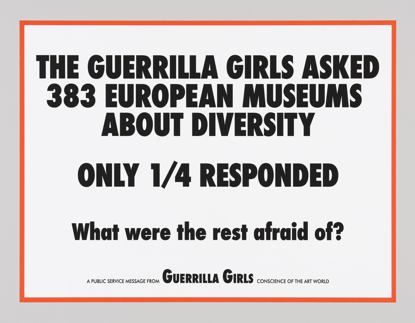 Poster says Guerrilla Girls asked 383 European museums about diversity and only one quarter responded.