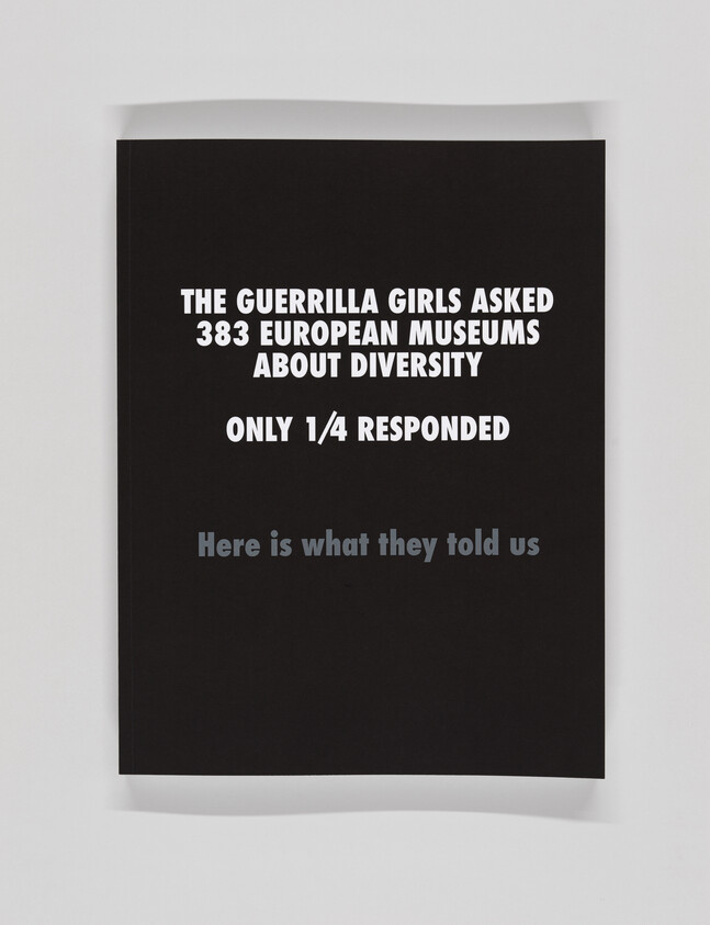 Black poster announcing Guerrilla Girls asked 383 European museums about diversity, with only one-quarter responding.