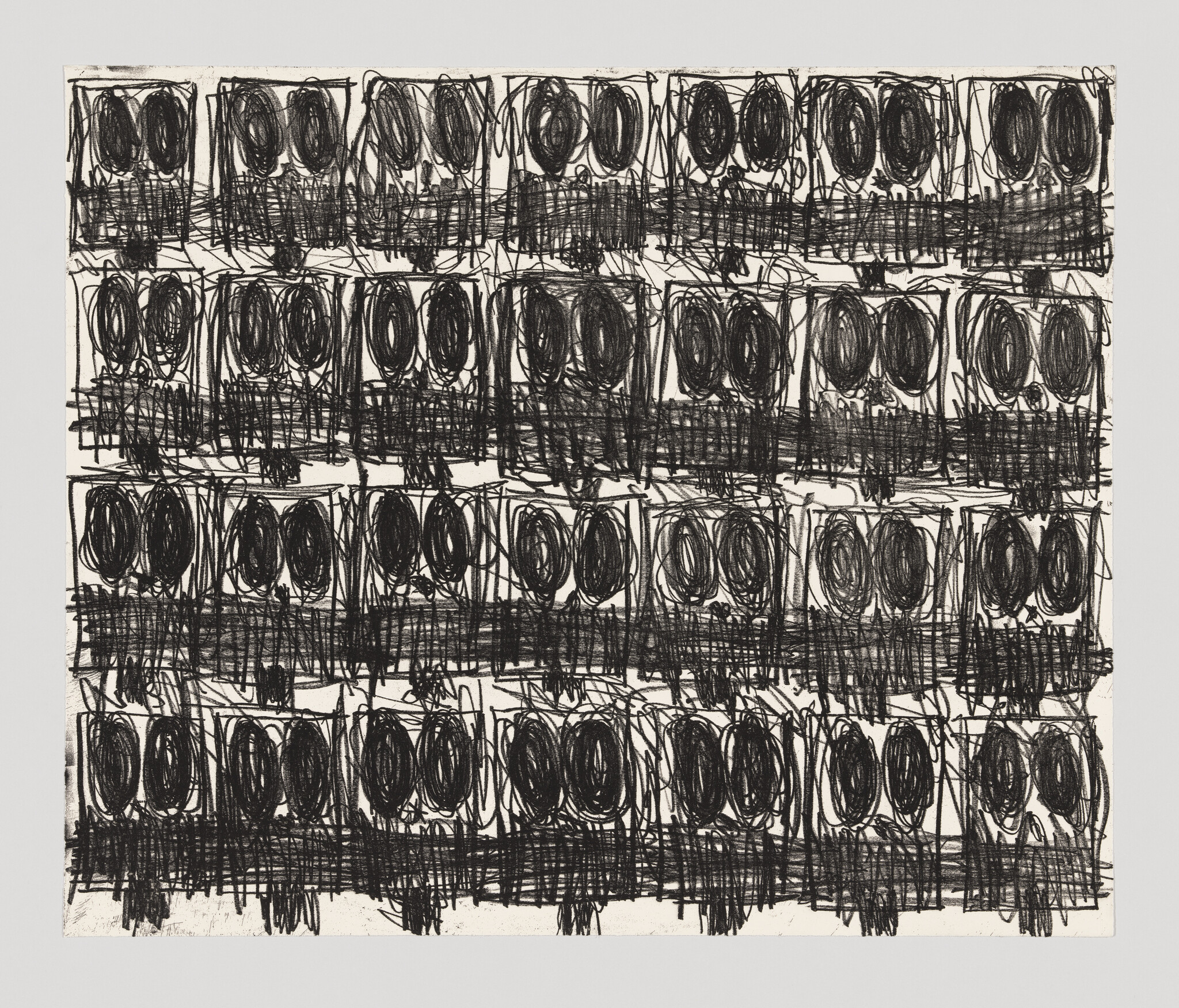 A grid of nearly identical, frenetically scribbled faces fills the paper