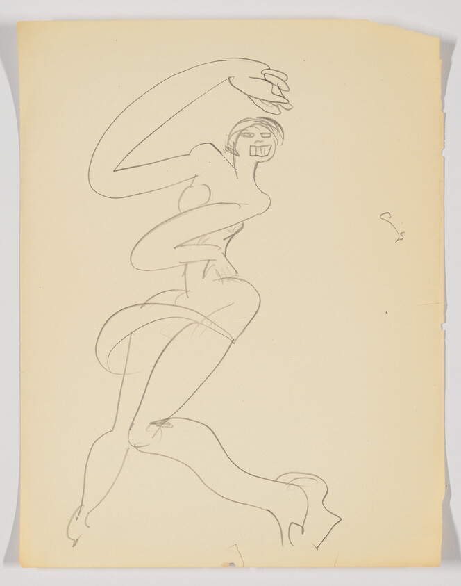 Stylized pencil sketch of a woman in dynamic dancing pose with exaggerated arms and legs.