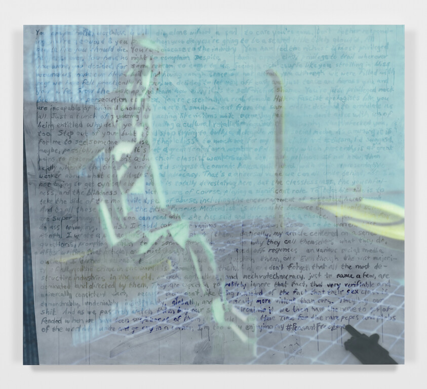 A digitally altered image featuring layers of handwritten text in various colors overlaid with a translucent, neon green skeletal figure in the foreground. The text appears to be a stream of consciousness or personal reflections, creating a busy and somewhat chaotic visual effect.