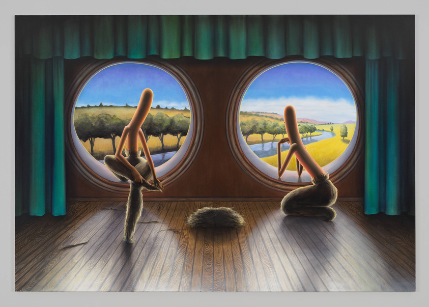 Two anthropomorphized broomsticks sit in big round windows that look out onto a landscape.