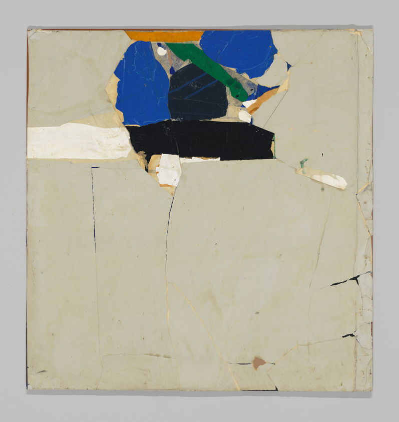 A textured abstract artwork with a collage of variously shaped and colored paper pieces, predominantly in shades of blue, black, and white, with hints of orange and green, on a cracked and aged beige background. The composition is asymmetrical and appears to be mounted on a flat surface with a visible border.