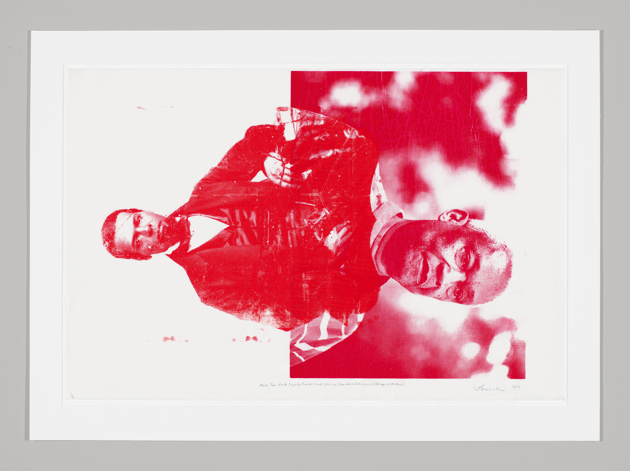 A pinkish-red print of two Black men’s upper bodies, merged like kings on a playing card and oriented sideways