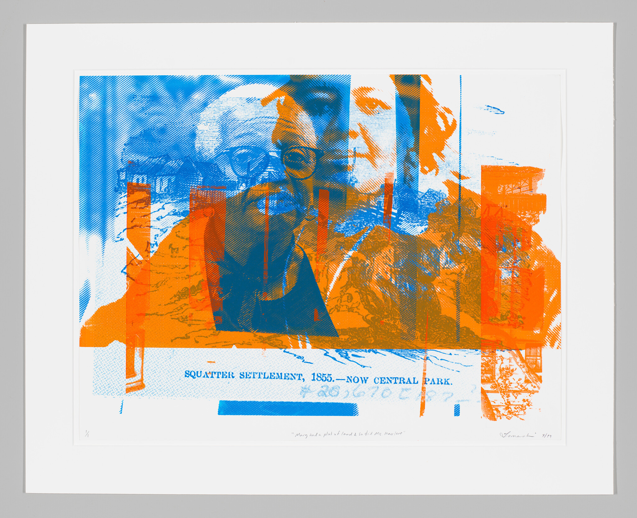 Layered blue and orange prints of two Black women and a 19th century village. Text across the bottom reads: Squatter Settlement 1855. Now Central Park.