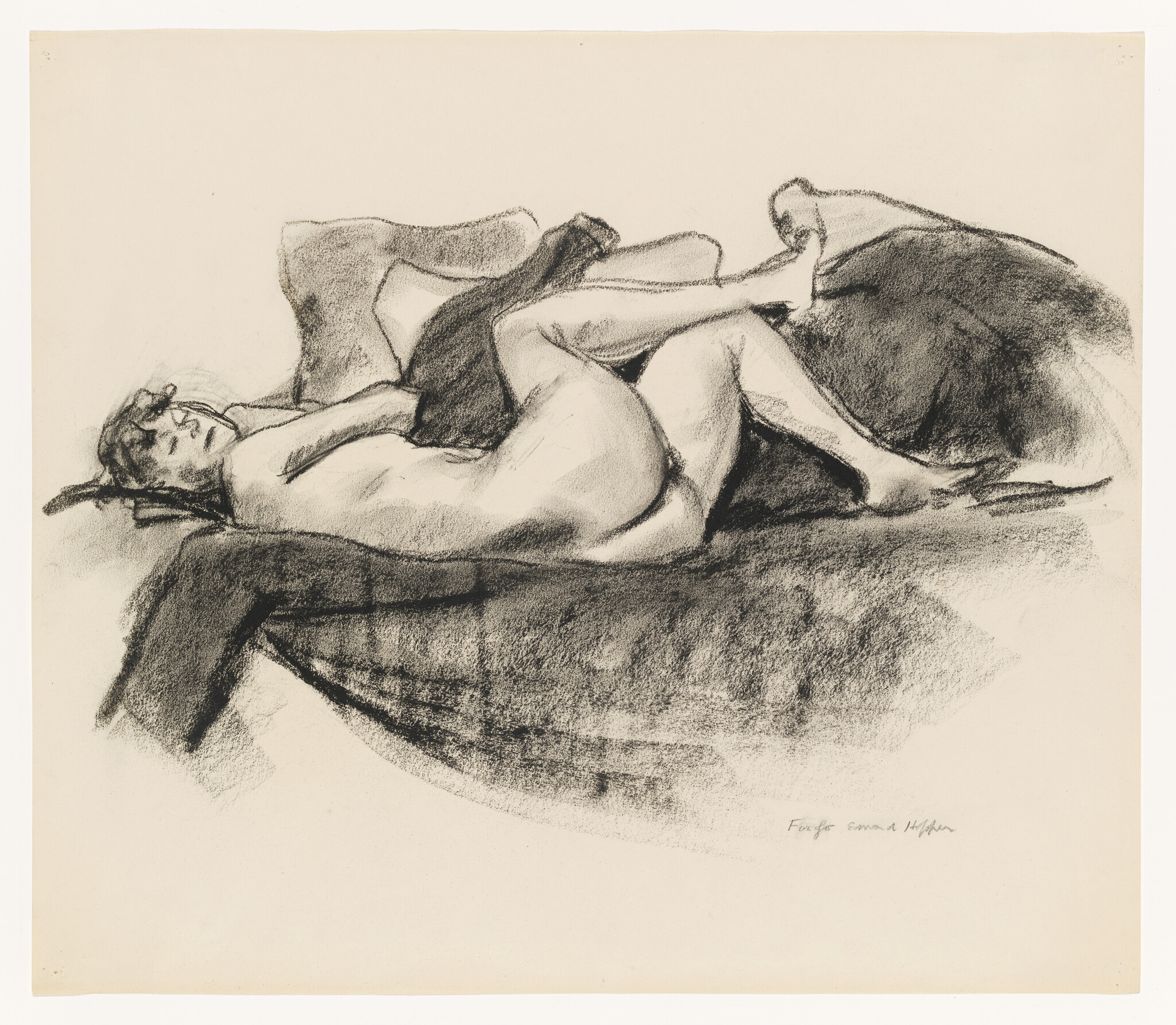 A reclining nude woman lies on cushions with legs bent and a dark cloth over her.