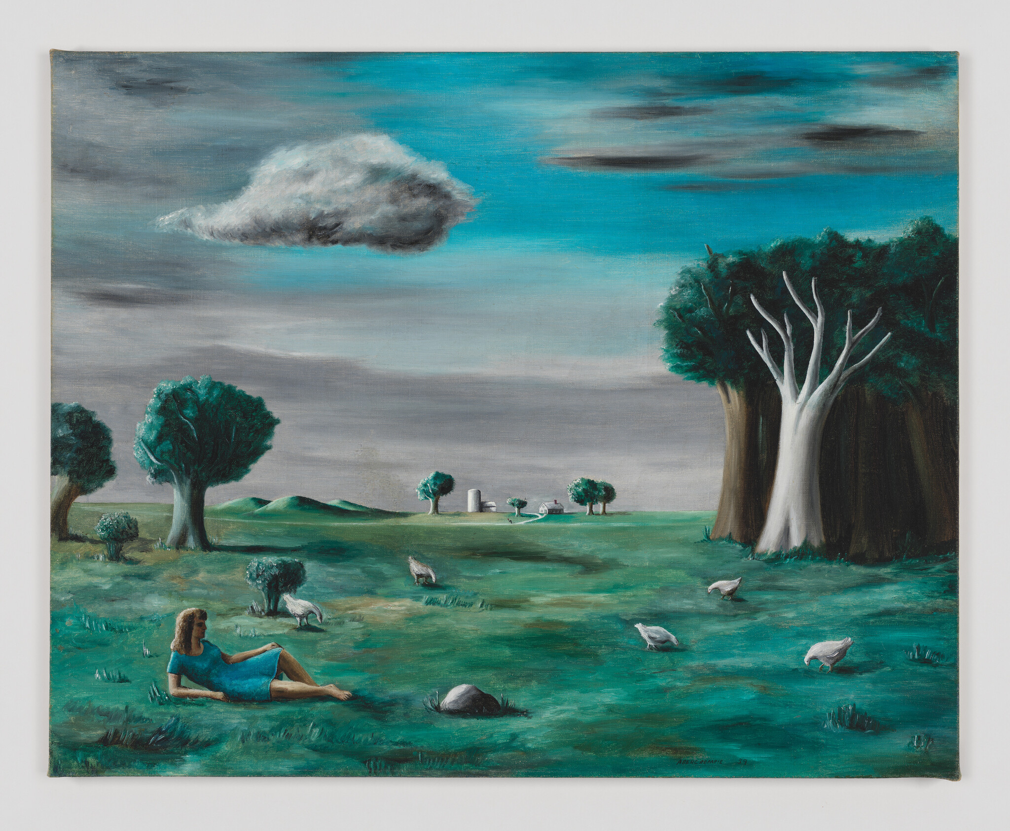 Under a graying sky, a white woman in a blue dress lounges in an open field among scattered trees and pecking birds.