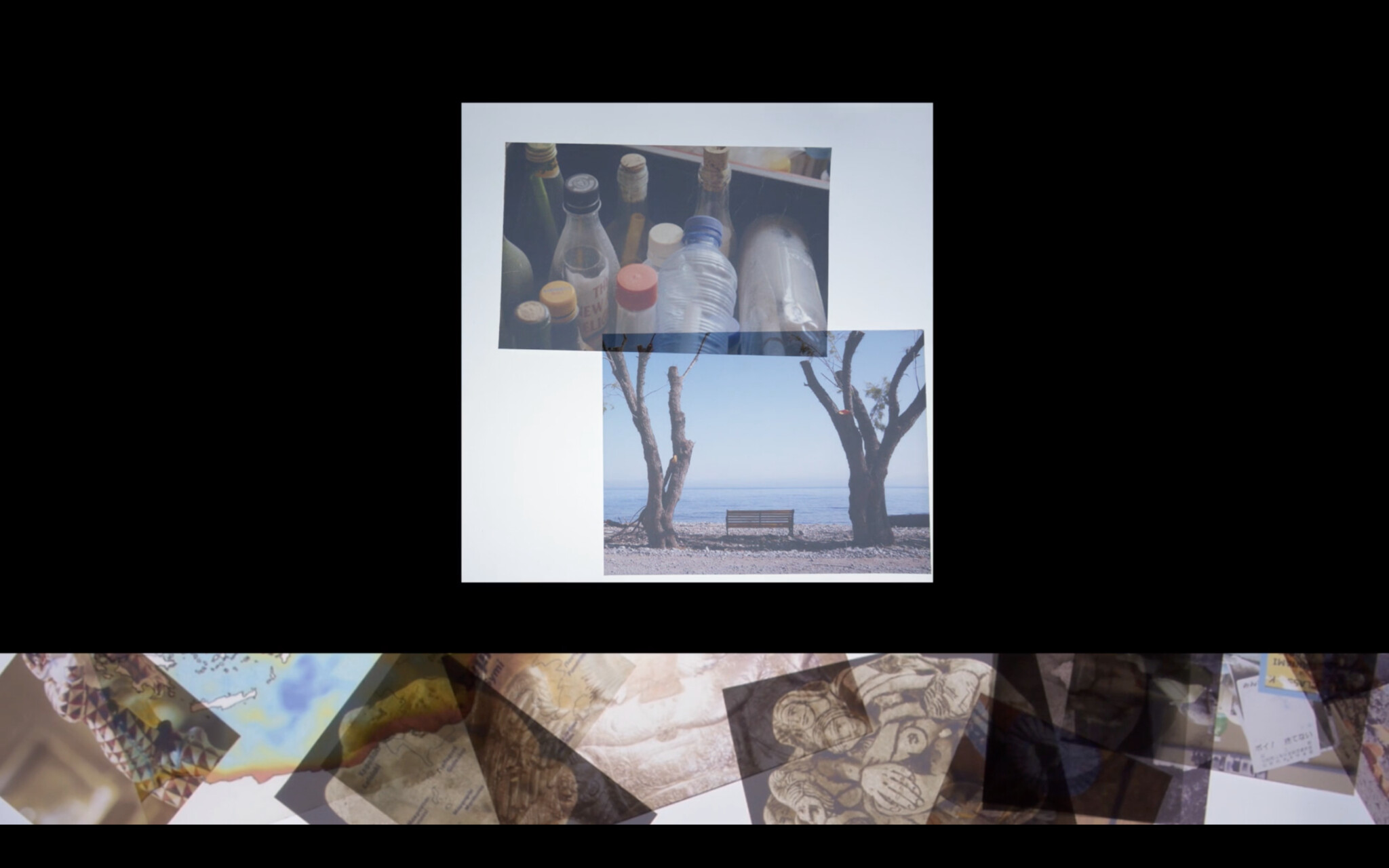 A collage of various images with different levels of transparency overlaid on each other. The central image shows a serene beach scene with a lone bench between two trees, overlooking the sea. Above it, there's a photo of assorted bottles with various caps, and below, fragments of other images with indistinct content are visible, creating a mosaic of colors and shapes.
