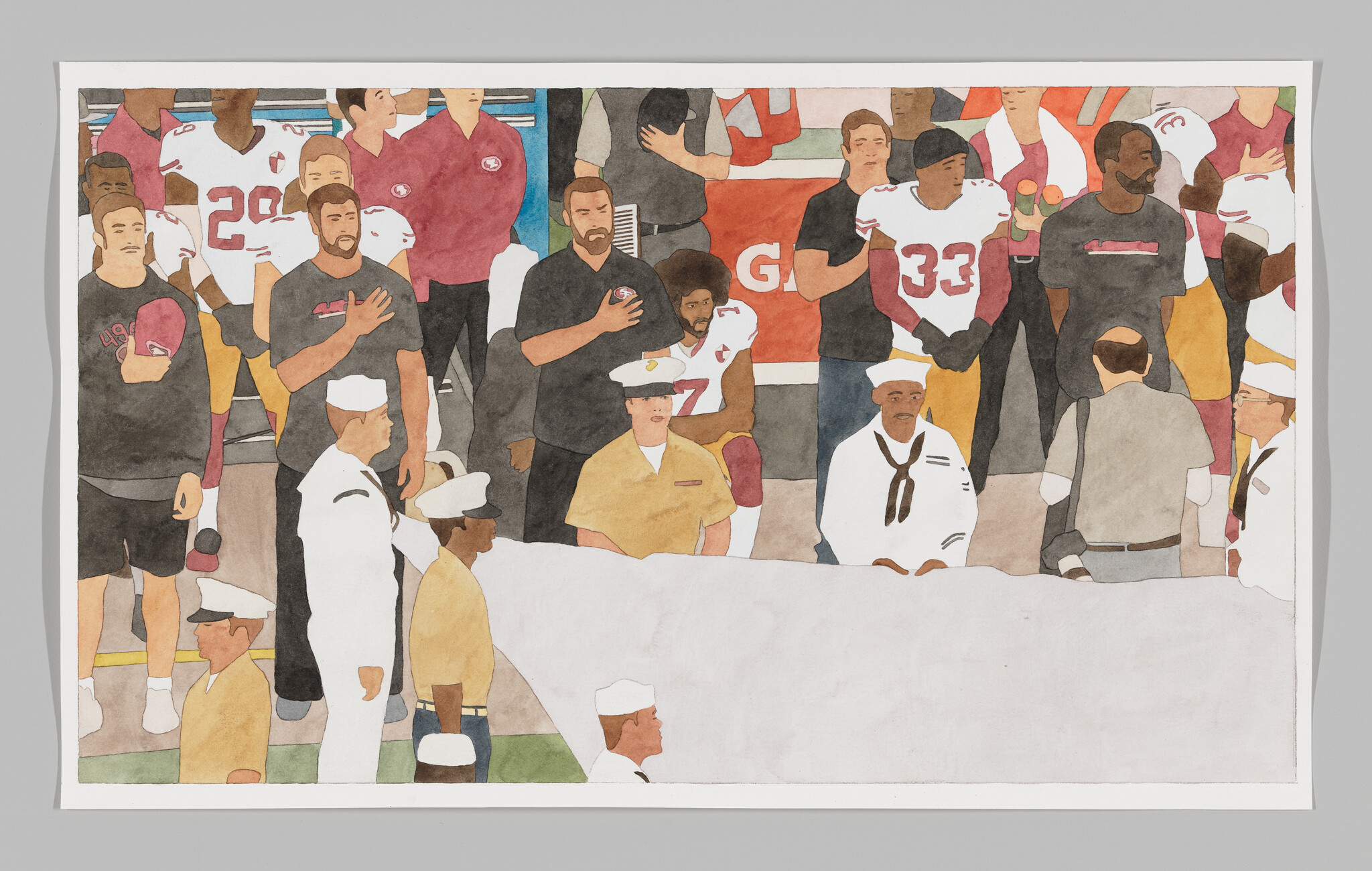 Black football player Colin Kaepernick kneels on the sidelines among standing teammates and servicemen