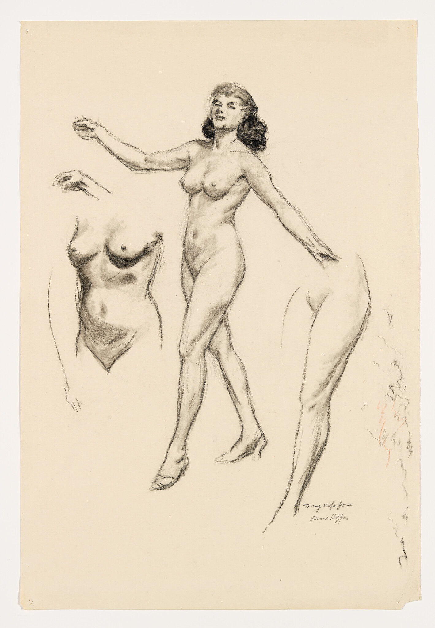 A sketch on tan paper featuring a full-length study of a standing nude female figure with her right arm extended upwards and her left arm stretched out to the side. To the left of the full figure are two partial studies of a torso and a leg. The artist's signature is visible at the bottom right corner.