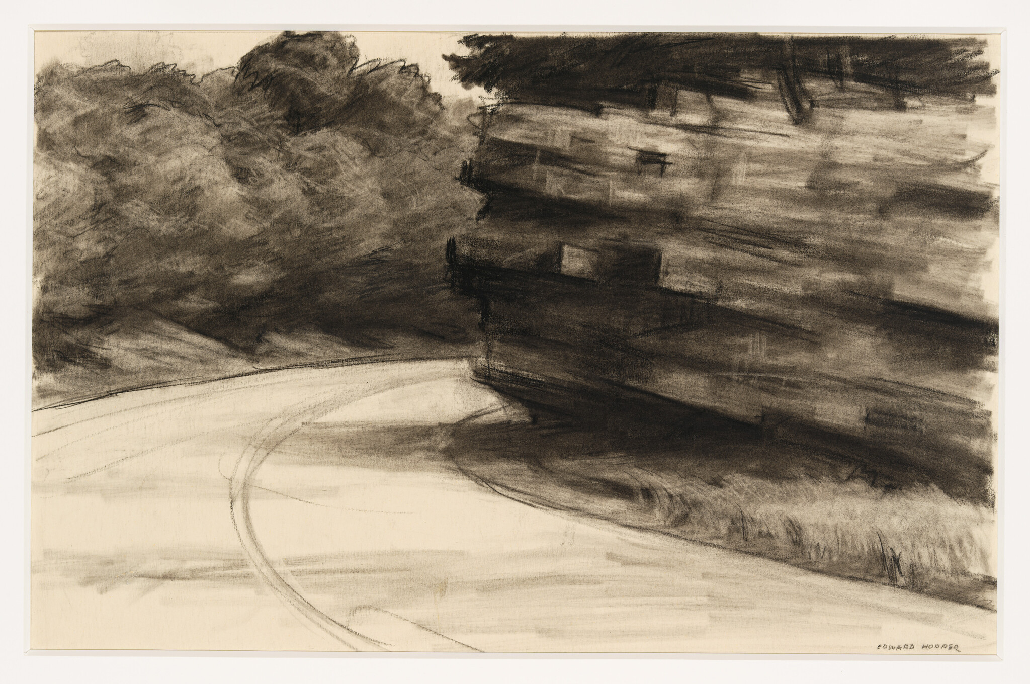 A curved country road bends past dark trees and a wooden fence in a charcoal drawing.