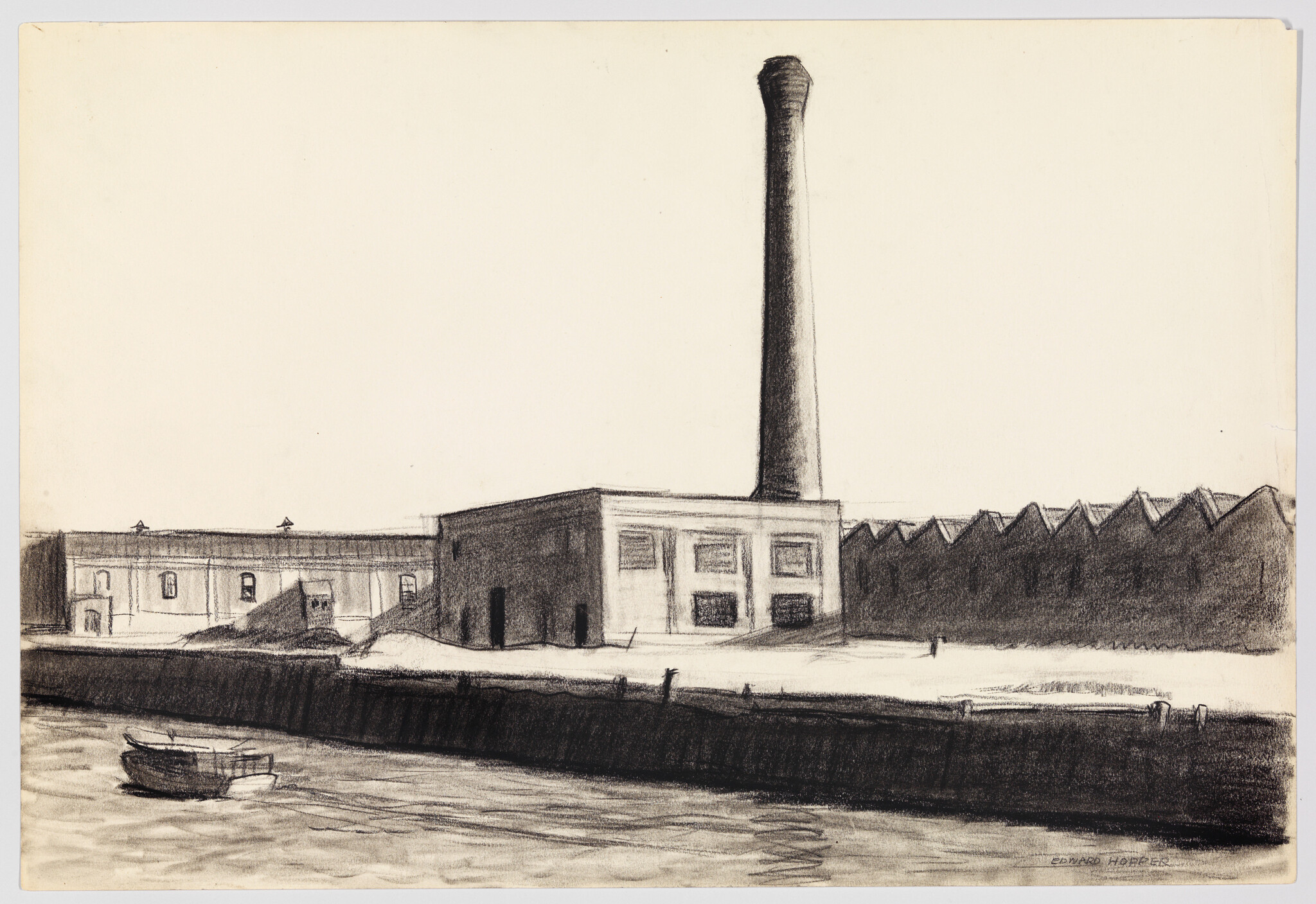A small boat floats on the river beside a factory with a tall smokestack.