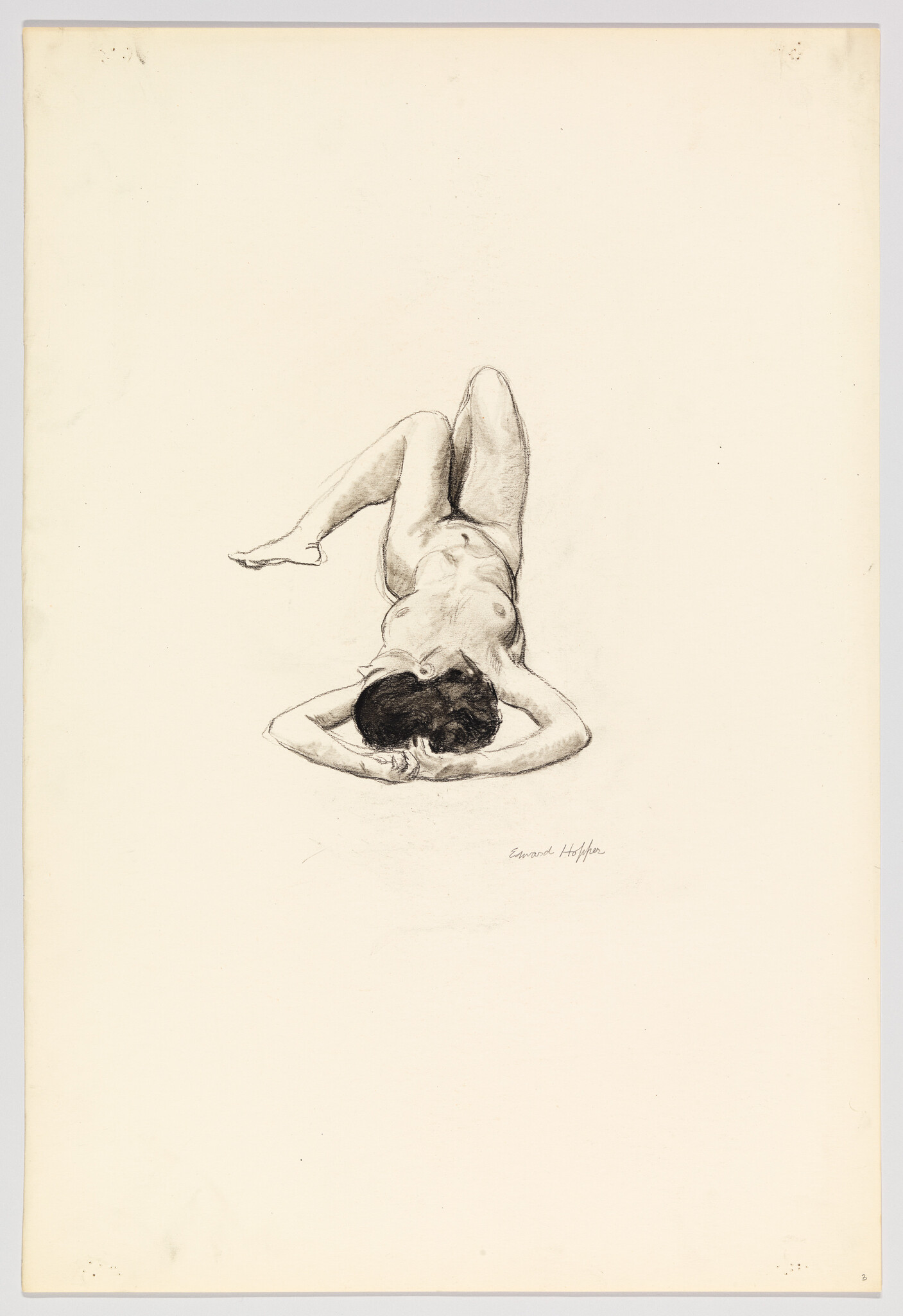 A nude woman lies on her back with her arms behind her head and one knee bent.