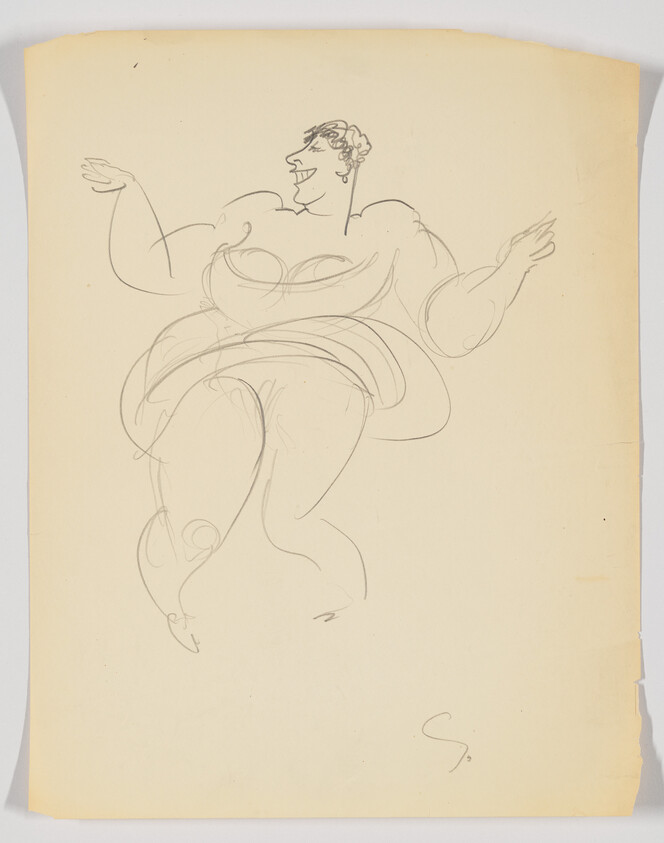 A loose pencil sketch of a cheerful, full-figured woman dancing with arms raised.
