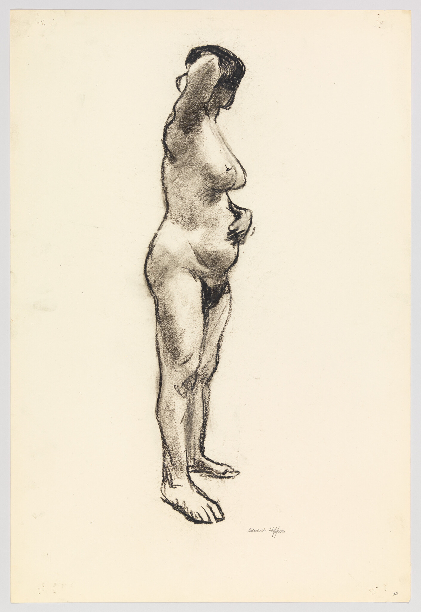 Nude woman standing in profile with one hand on her stomach and the other behind her head.