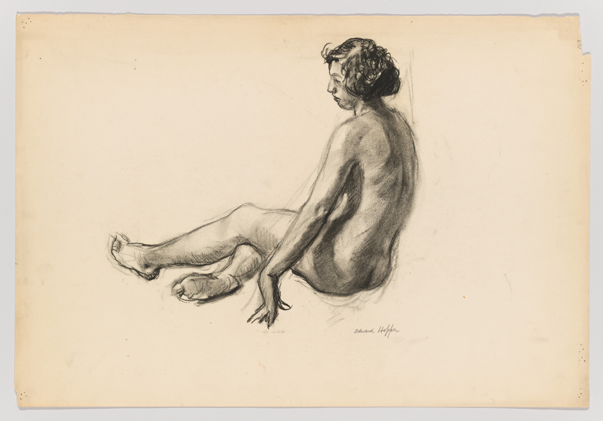 A seated nude woman leans back with legs extended in a charcoal study.