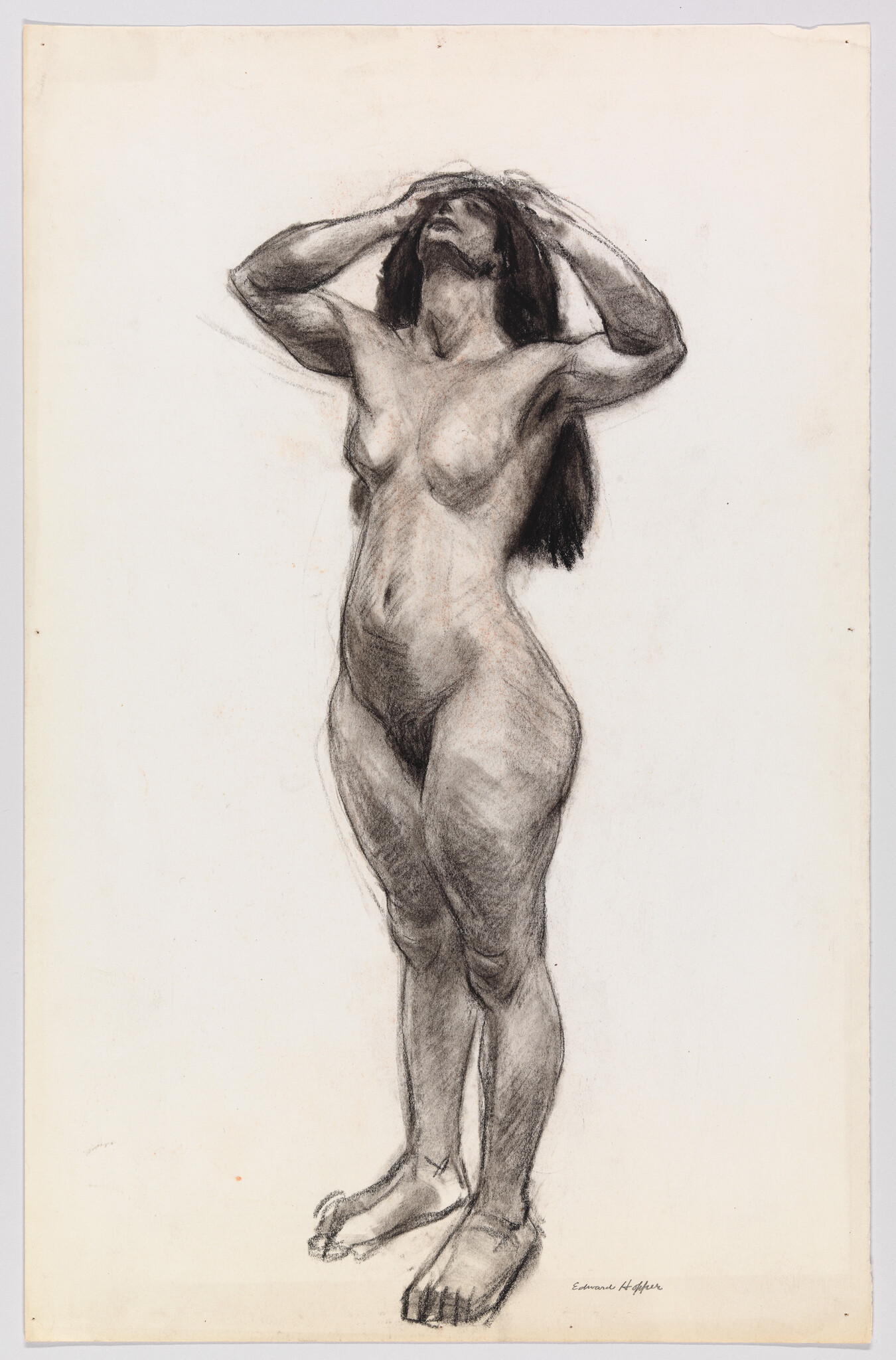 Nude standing woman with long hair holding her head and looking upward in charcoal drawing.