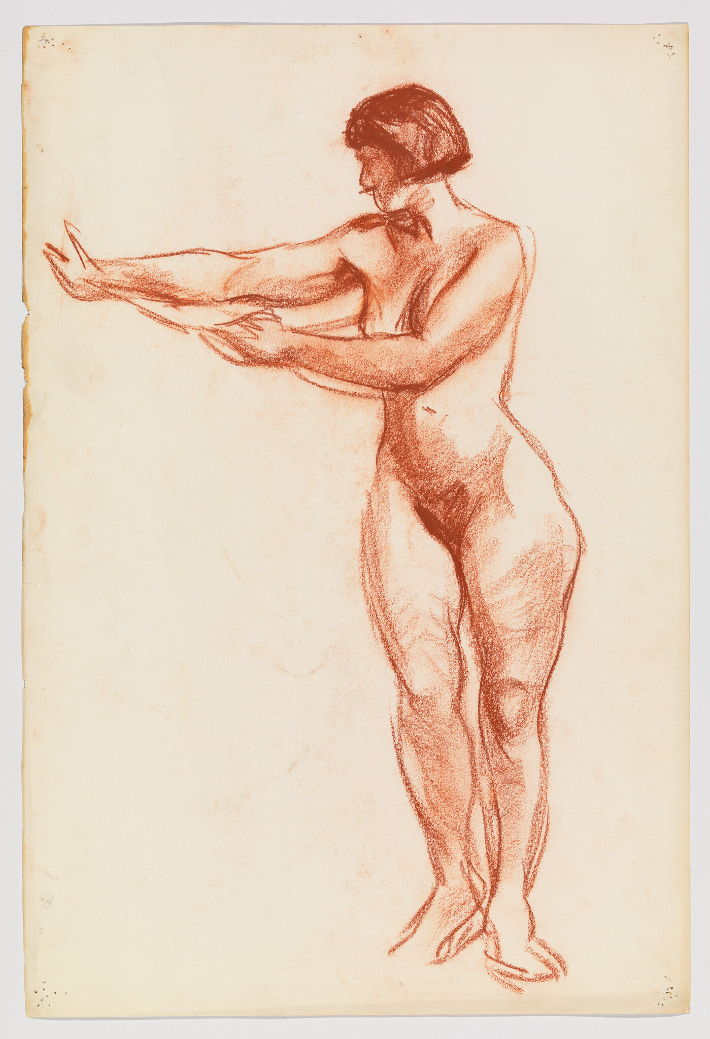 Nude woman standing with arms extended forward in a red chalk figure drawing.