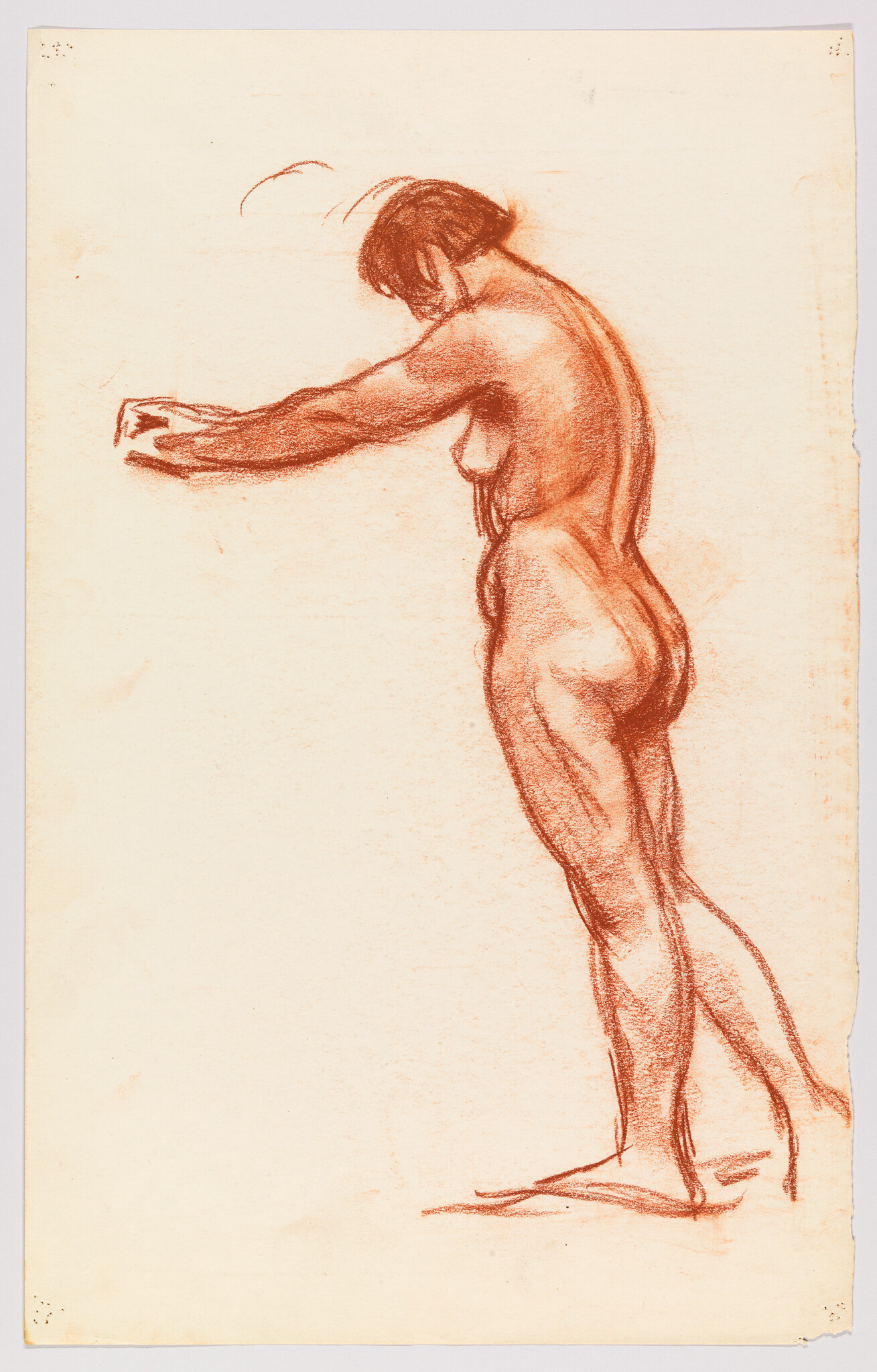A nude woman stands leaning forward with arms extended, sketched in reddish chalk.