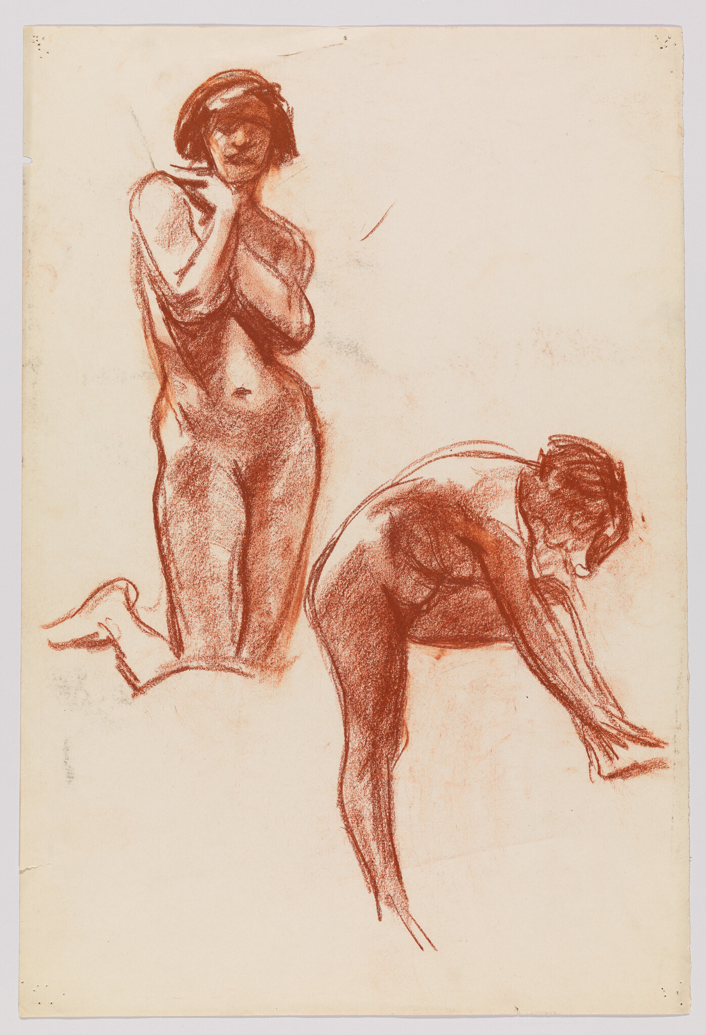 Two red chalk studies of a nude woman, one standing with arms crossed and one bending forward.
