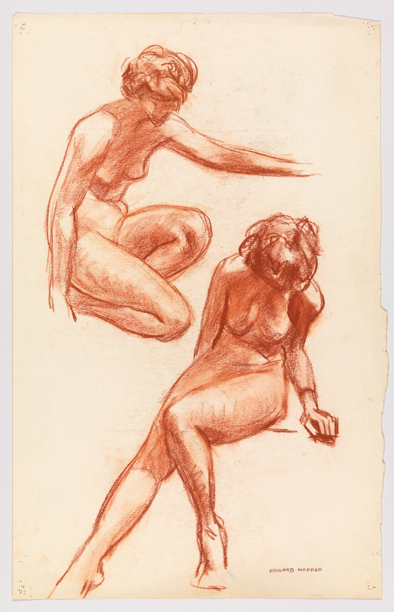 Two red chalk studies of a nude woman, one kneeling and one seated with arm extended.