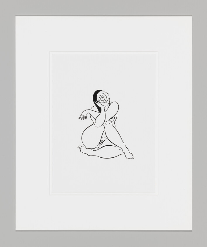 Minimal black-line drawing of a seated nude person resting their head on one hand.